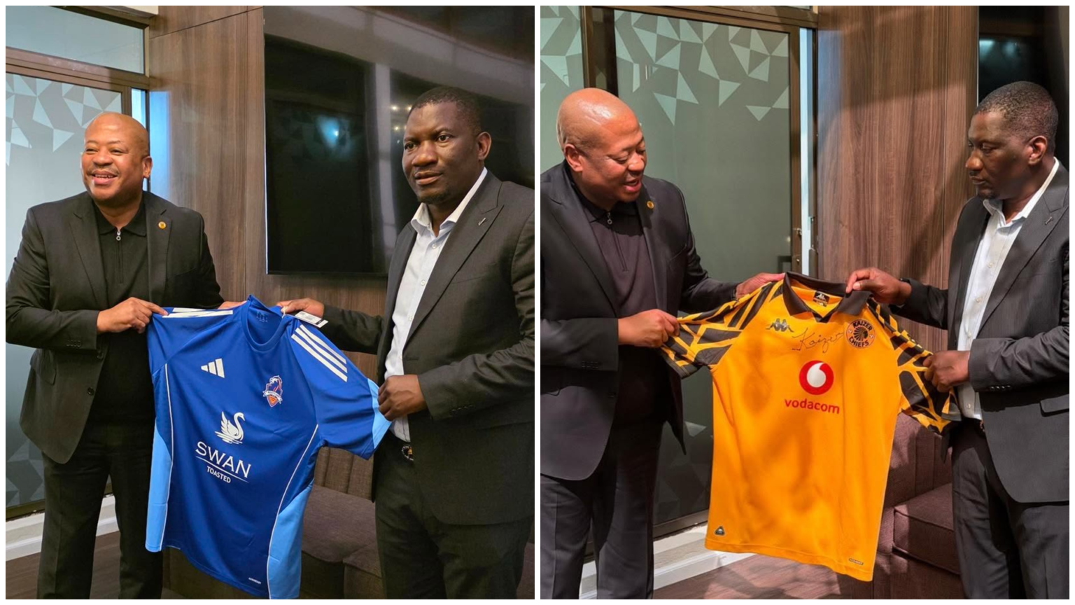 Kaizer Chiefs manager Bobby Motaung and Scottland owner Pedzisayi 'Scott' Sakupwanya exchanging club jerseys