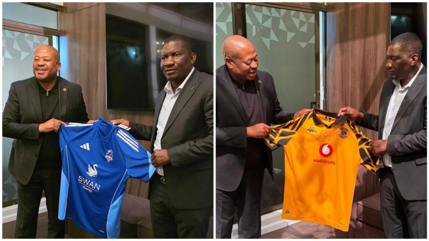 Kaizer Chiefs manager Bobby Motaung and Scottland owner Pedzisayi 'Scott' Sakupwanya exchanging club jerseys
